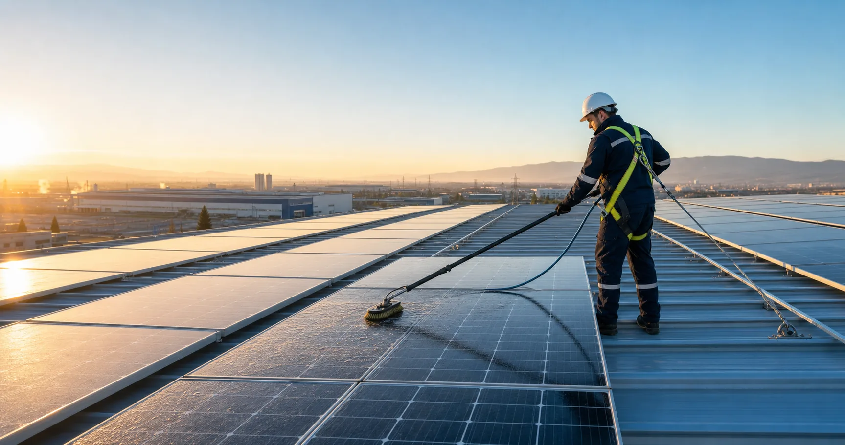 GESMOBİL ekibi çatı üzerindeki güneş panellerini kontrollü şekilde temizliyor